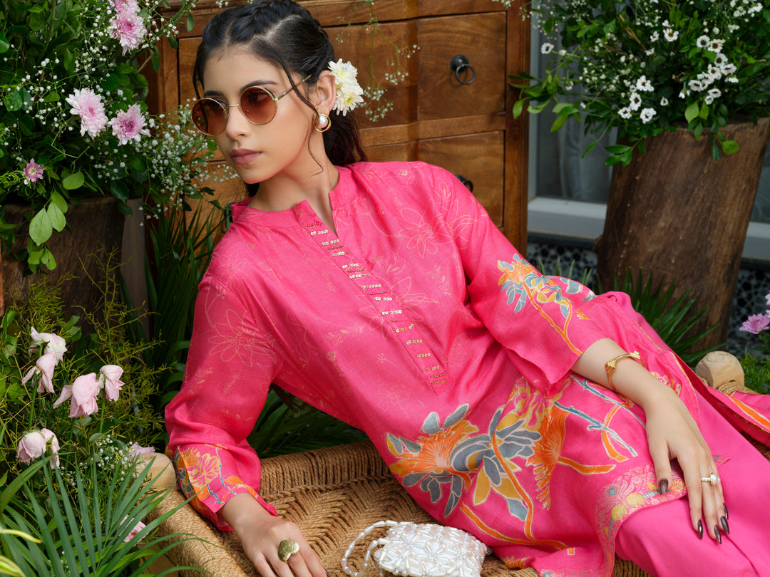 Pink Floral Printed Co-ord Set with Embellished Kurta & Straight Pants