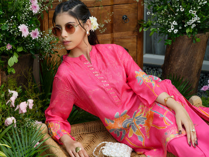 Pink Floral Printed Co-ord Set with Embellished Kurta & Straight Pants