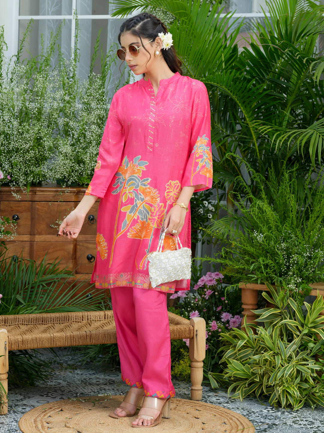 Pink Floral Printed Co-ord Set with Embellished Kurta & Straight Pants