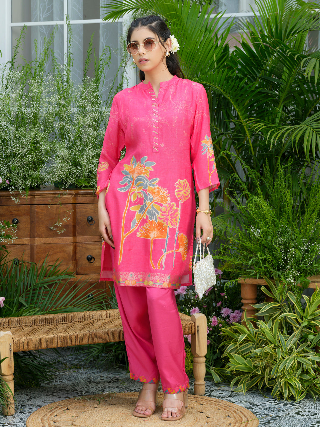 Pink Floral Printed Co-ord Set with Embellished Kurta & Straight Pants