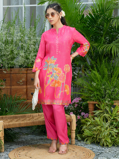 Pink Floral Printed Co-ord Set with Embellished Kurta & Straight Pants