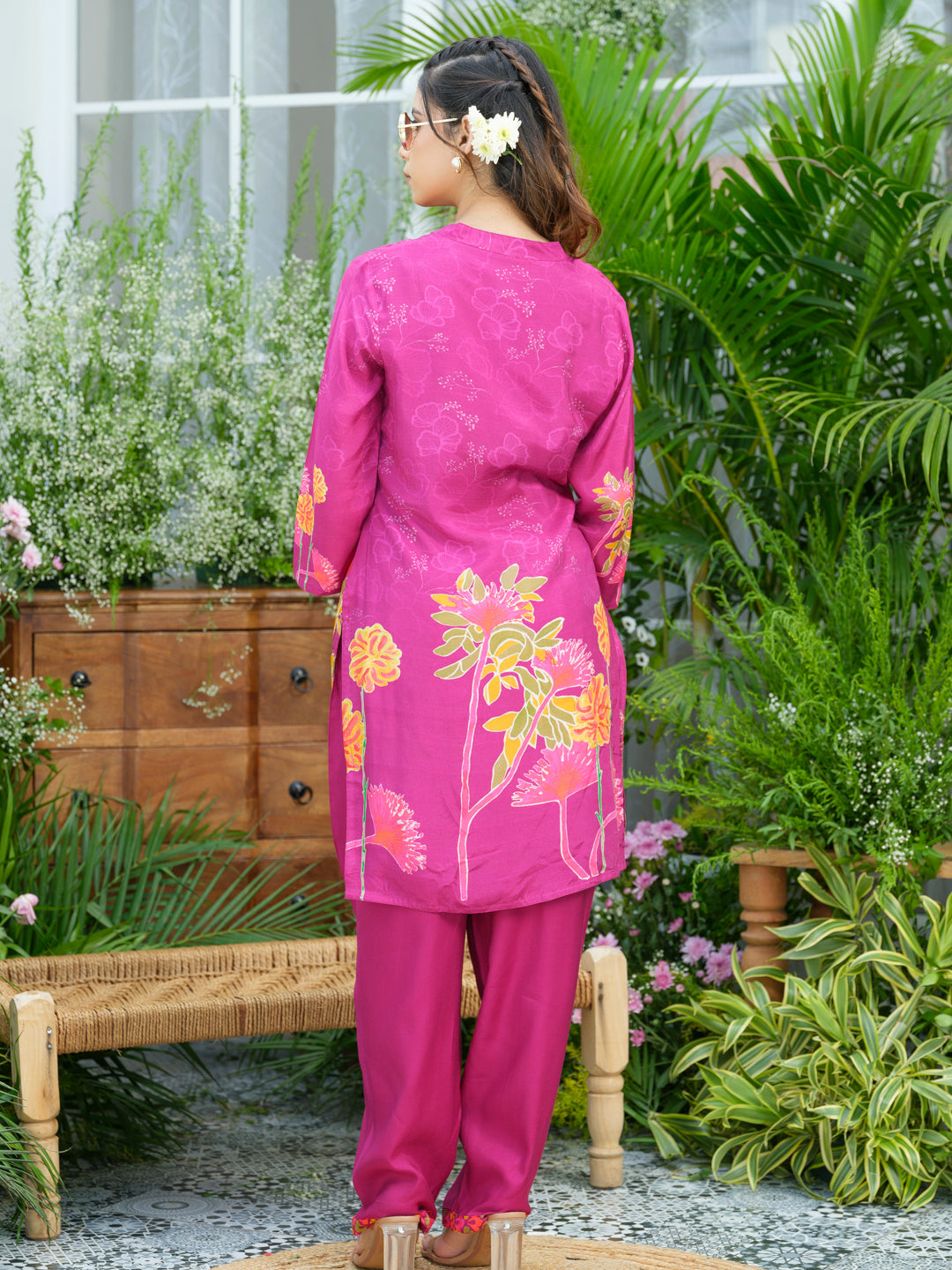 Violet Floral Printed Co-ord Set with Embellished Kurta & Straight Pants