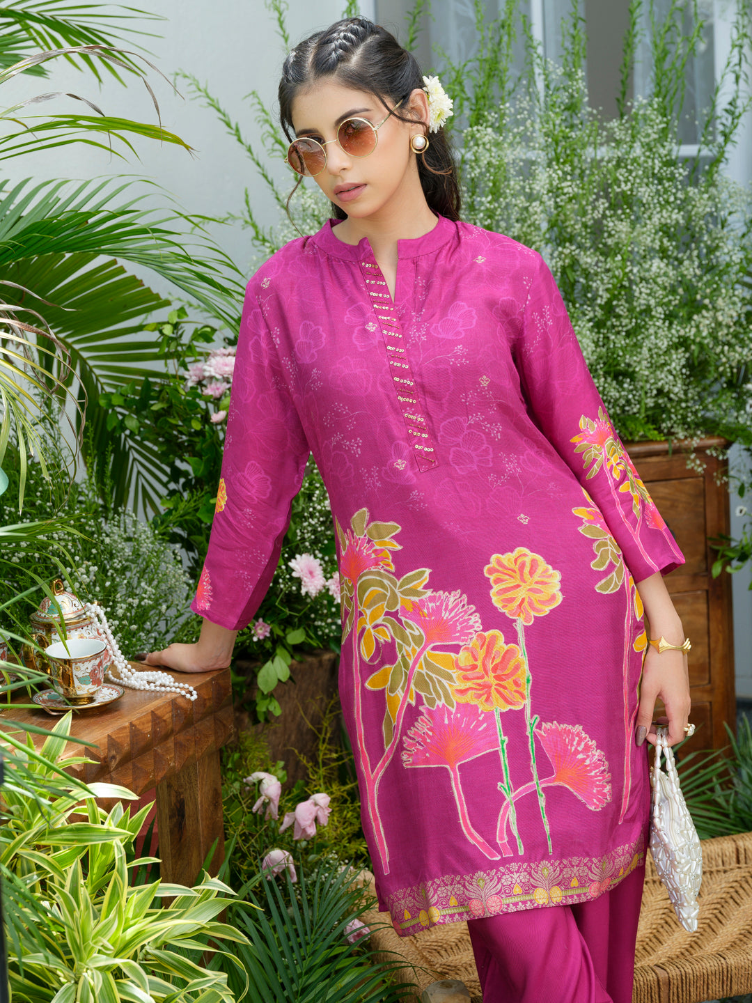 Violet Floral Printed Co-ord Set with Embellished Kurta & Straight Pants