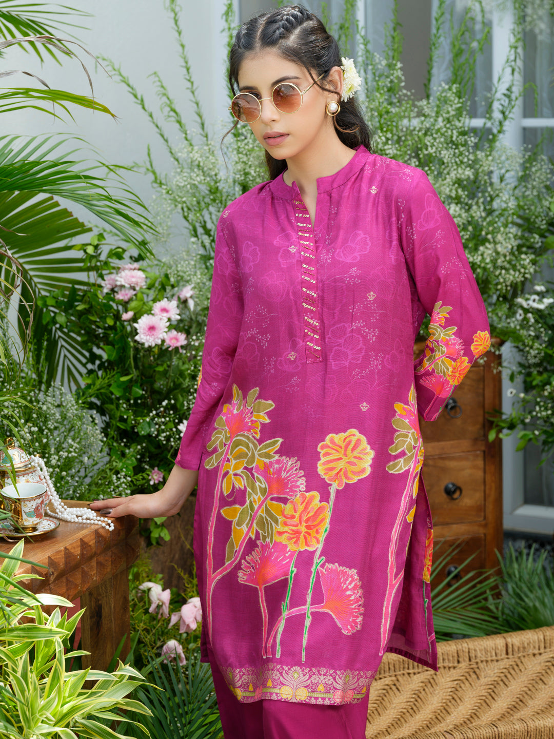 Violet Floral Printed Co-ord Set with Embellished Kurta & Straight Pants