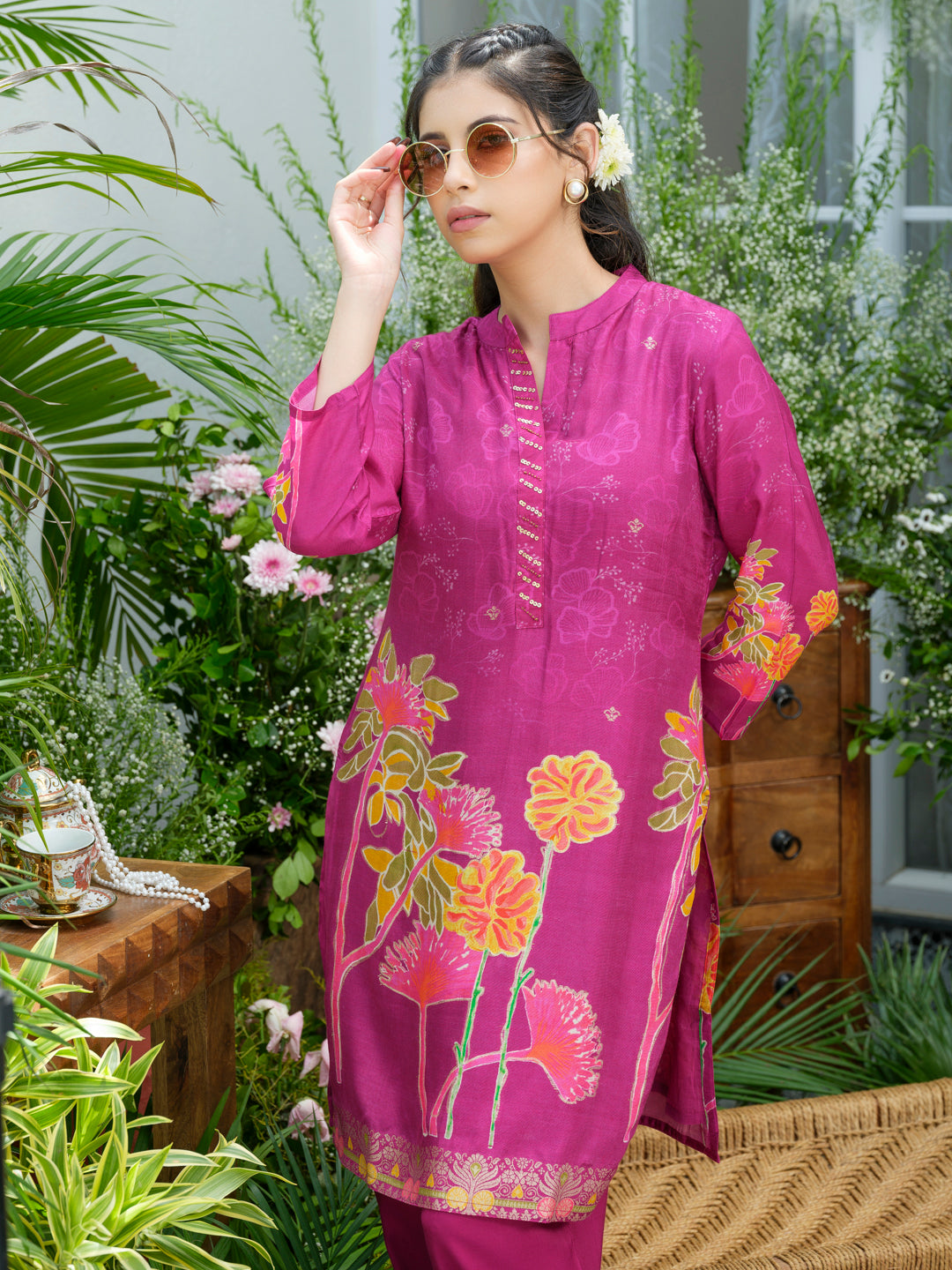 Violet Floral Printed Co-ord Set with Embellished Kurta & Straight Pants
