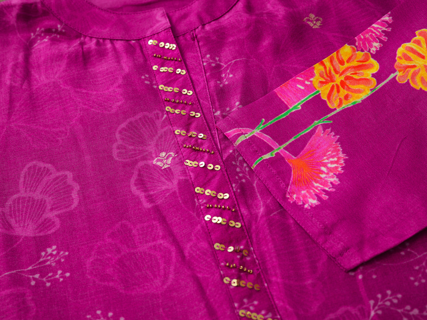 Violet Floral Printed Co-ord Set with Embellished Kurta & Straight Pants