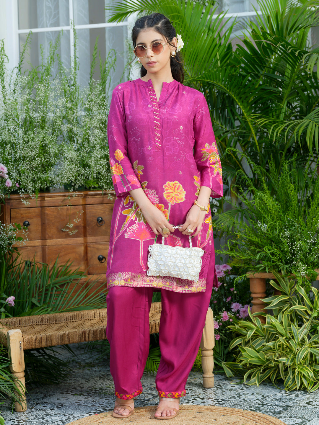 Violet Floral Printed Co-ord Set with Embellished Kurta & Straight Pants