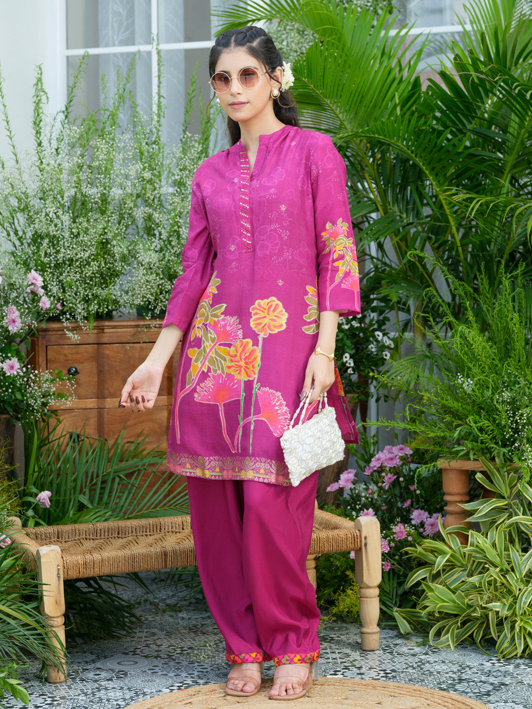 Violet Floral Printed Co-ord Set with Embellished Kurta & Straight Pants