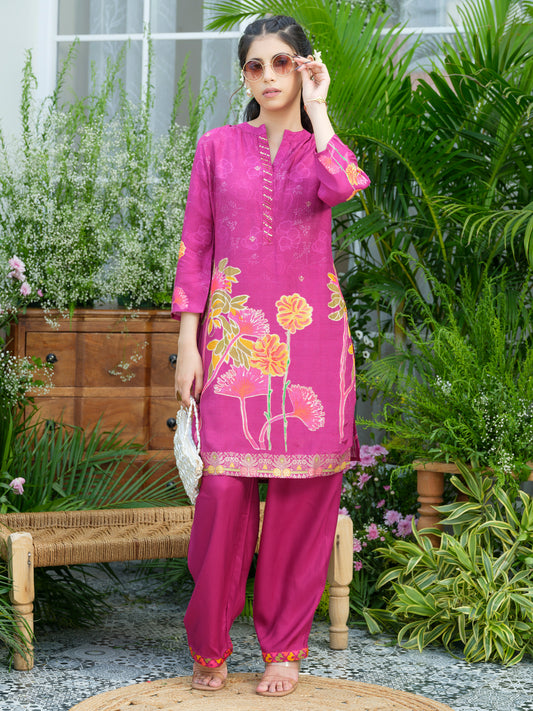 Violet Floral Printed Co-ord Set with Embellished Kurta & Straight Pants