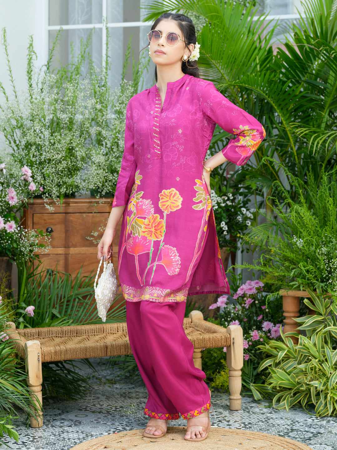 Violet Floral Printed Co-ord Set with Embellished Kurta & Straight Pants