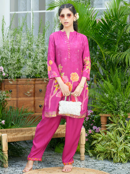 Violet Floral Printed Co-ord Set with Embellished Kurta & Straight Pants