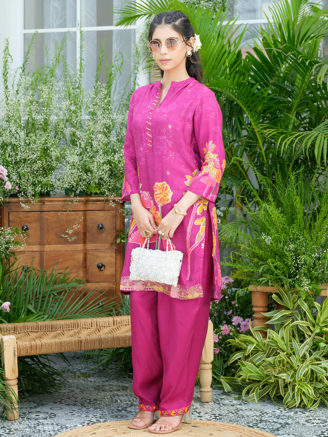 Violet Floral Printed Co-ord Set with Embellished Kurta & Straight Pants