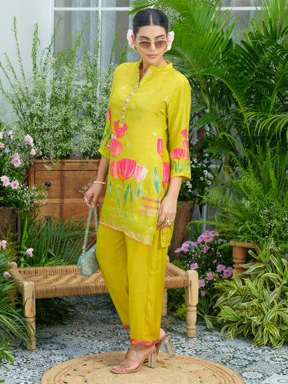 Lemon Green Floral Printed Co-ord Set with Embellished Kurta & Straight Pants