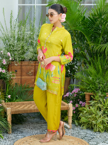 Lemon Green Floral Printed Co-ord Set with Embellished Kurta & Straight Pants