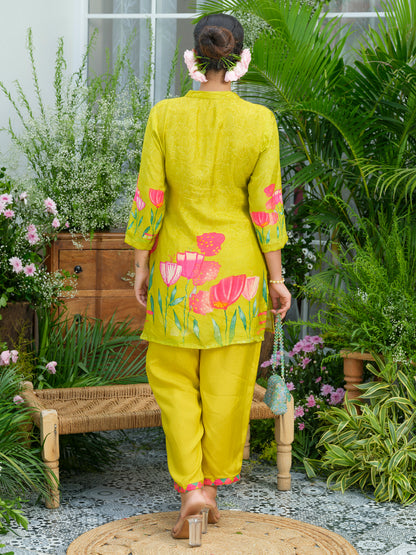 Lemon Green Floral Printed Co-ord Set with Embellished Kurta & Straight Pants