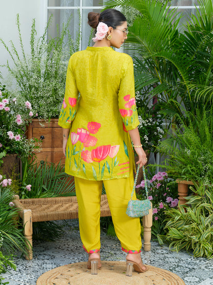 Lemon Green Floral Printed Co-ord Set with Embellished Kurta & Straight Pants