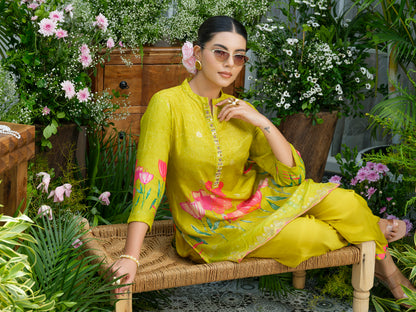 Lemon Green Floral Printed Co-ord Set with Embellished Kurta & Straight Pants