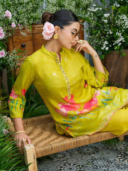 Lemon Green Floral Printed Co-ord Set with Embellished Kurta & Straight Pants
