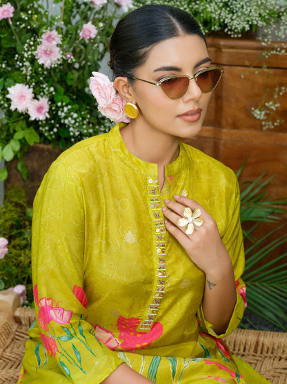 Lemon Green Floral Printed Co-ord Set with Embellished Kurta & Straight Pants