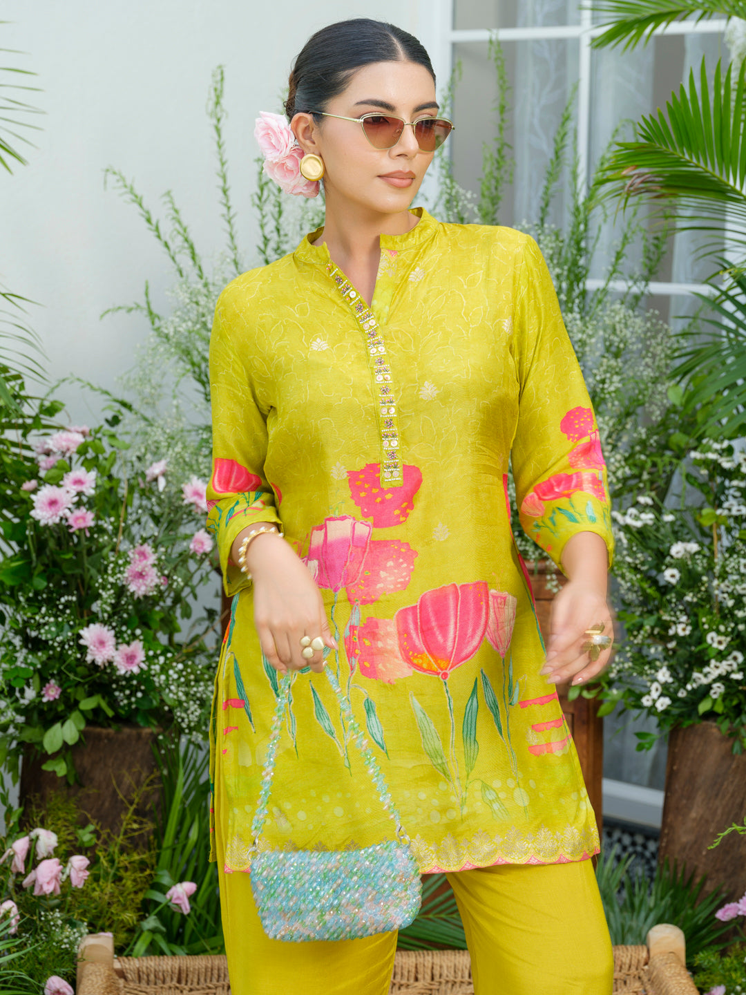 Lemon Green Floral Printed Co-ord Set with Embellished Kurta & Straight Pants