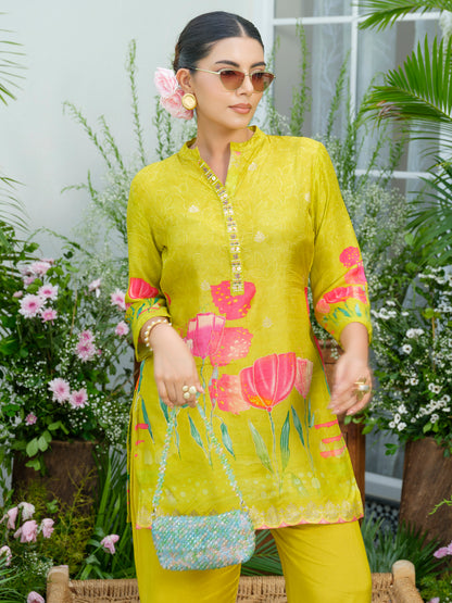 Lemon Green Floral Printed Co-ord Set with Embellished Kurta & Straight Pants