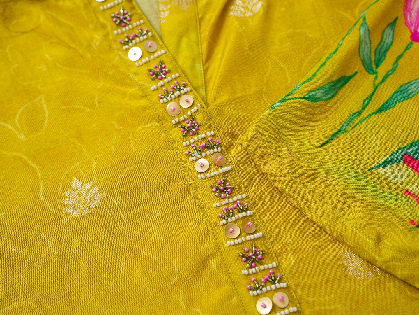 Lemon Green Floral Printed Co-ord Set with Embellished Kurta & Straight Pants