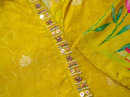 Lemon Green Floral Printed Co-ord Set with Embellished Kurta & Straight Pants
