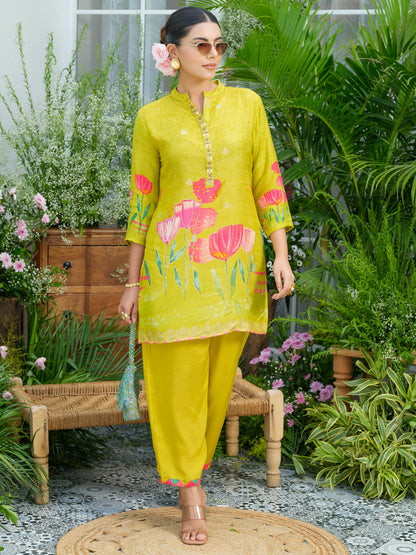Lemon Green Floral Printed Co-ord Set with Embellished Kurta & Straight Pants