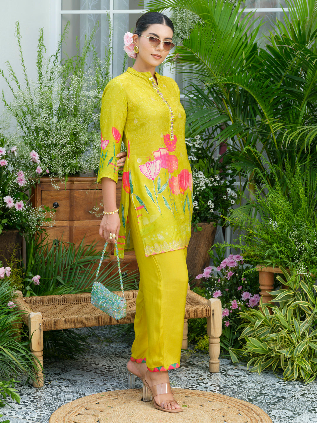 Lemon Green Floral Printed Co-ord Set with Embellished Kurta & Straight Pants