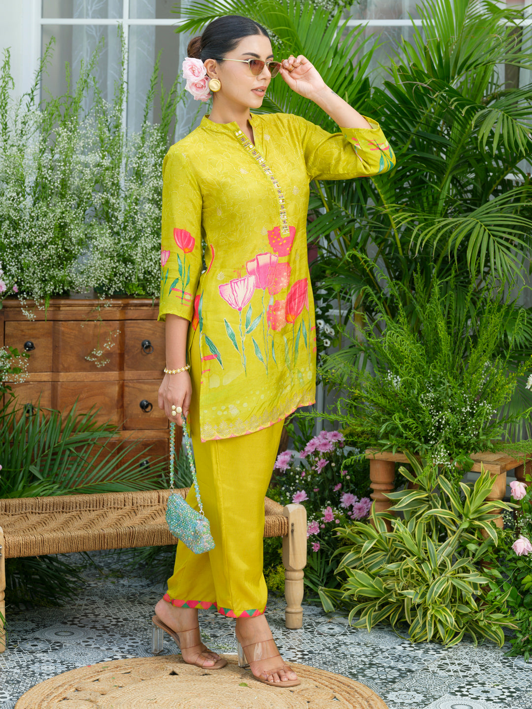 Lemon Green Floral Printed Co-ord Set with Embellished Kurta & Straight Pants