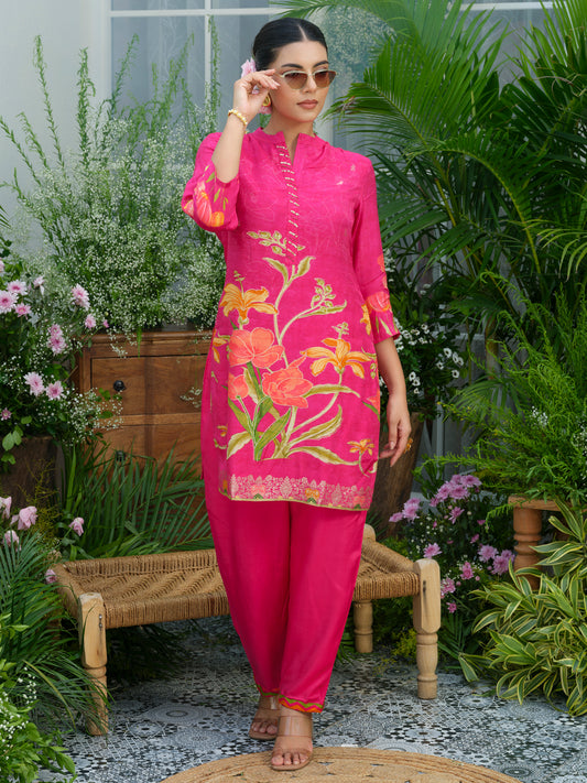 Floral Elegance – Natural Crepe Co-Ord Set in Hot Pink