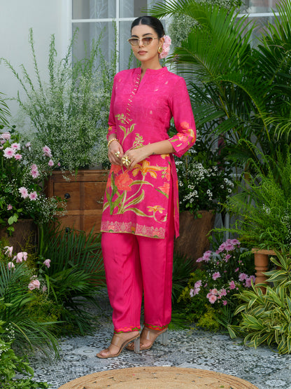 Floral Elegance – Natural Crepe Co-Ord Set in Hot Pink