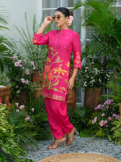 Floral Elegance – Natural Crepe Co-Ord Set in Hot Pink