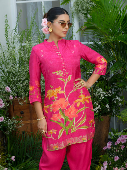 Floral Elegance – Natural Crepe Co-Ord Set in Hot Pink