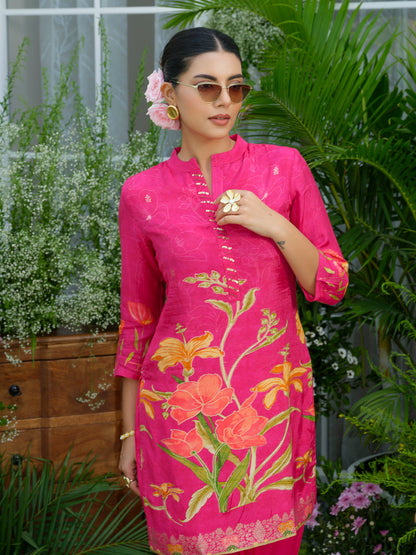Floral Elegance – Natural Crepe Co-Ord Set in Hot Pink