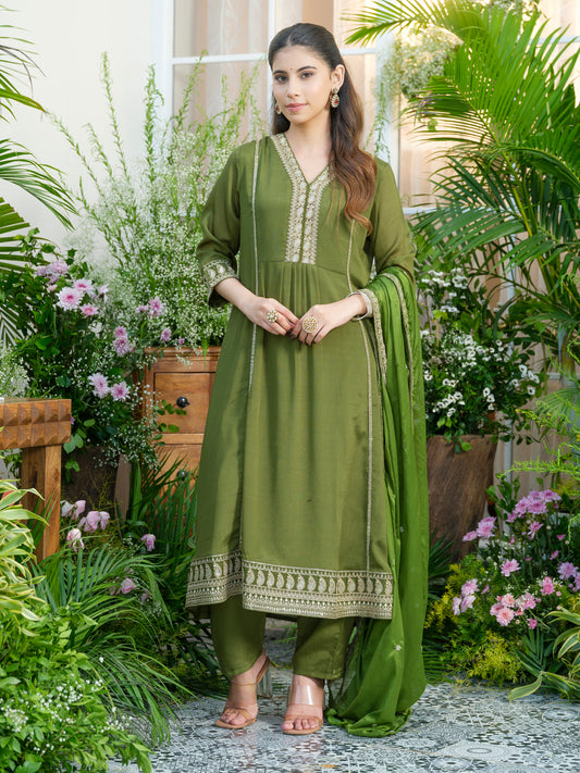 Embroidered V-Neck Chinon Kurta with pant Set and Chiffon Dupatta