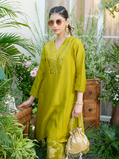 Lime Green Kurta with Gold Embroidery & Jacquard Palazzo Pants