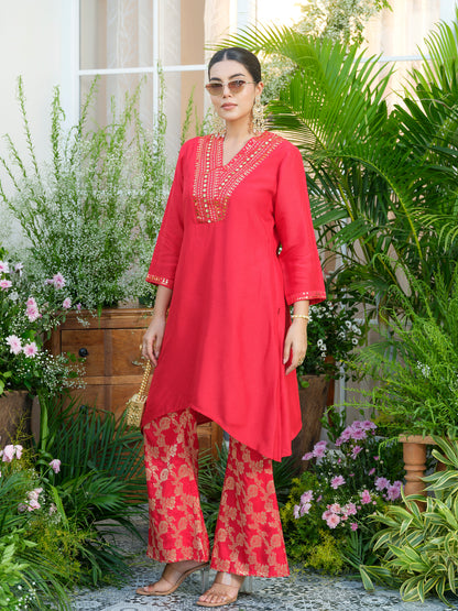 Red Kurta with Gold Embroidery & Jacquard Palazzo Pants