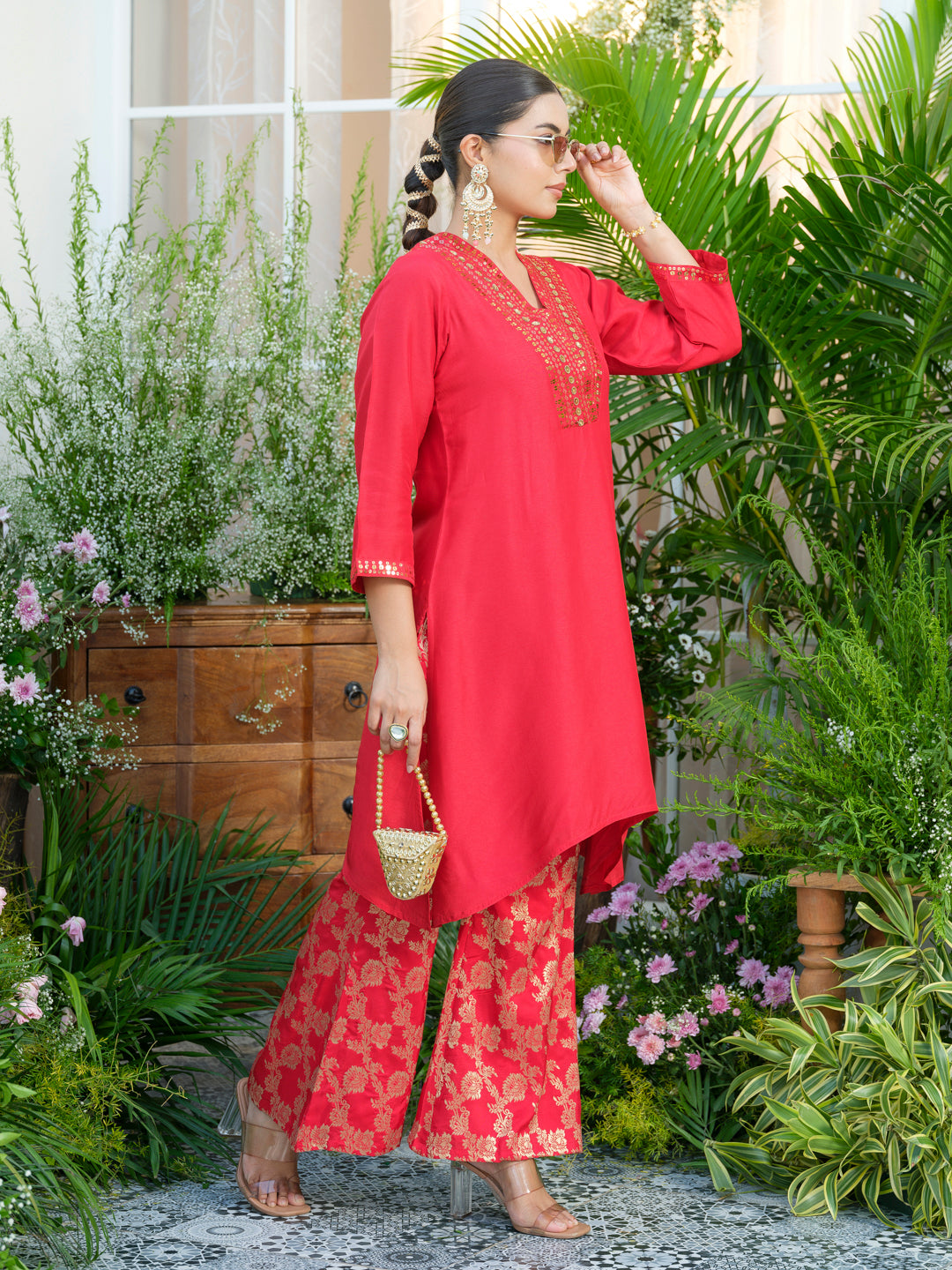 Red Kurta with Gold Embroidery & Jacquard Palazzo Pants