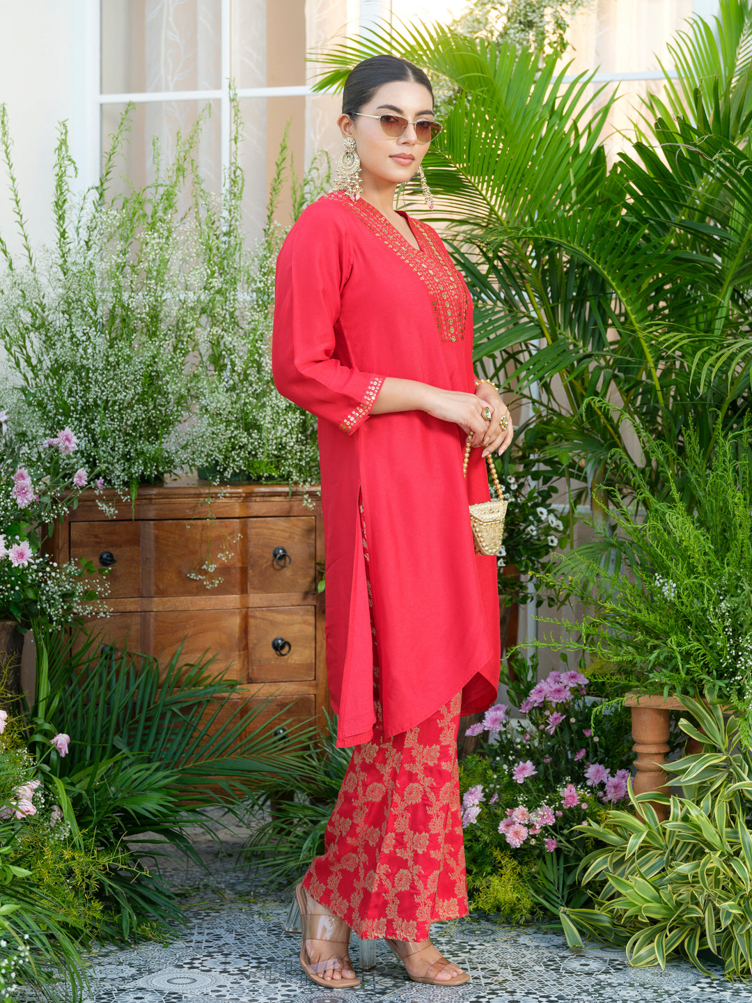 Red Kurta with Gold Embroidery & Jacquard Palazzo Pants