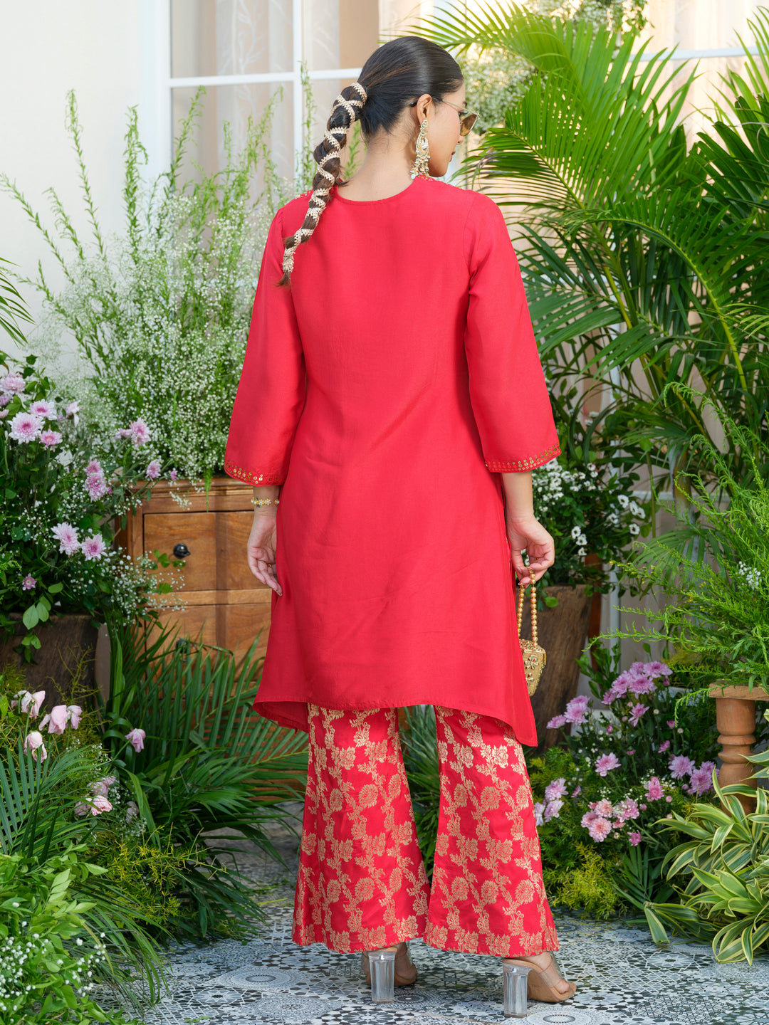 Red Kurta with Gold Embroidery & Jacquard Palazzo Pants
