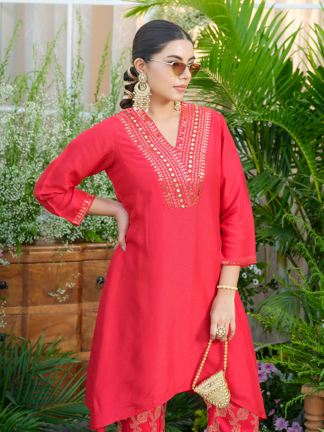 Red Kurta with Gold Embroidery & Jacquard Palazzo Pants