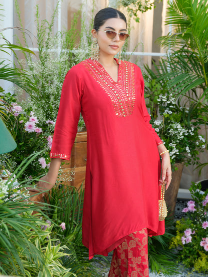 Red Kurta with Gold Embroidery & Jacquard Palazzo Pants