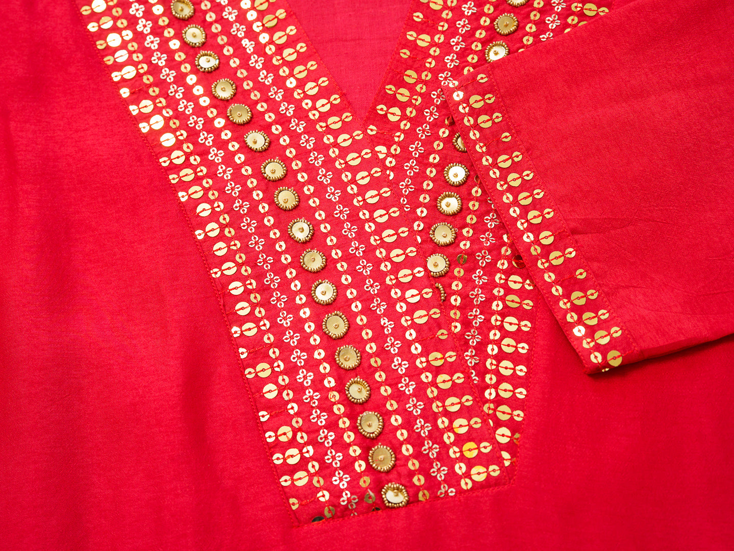 Red Kurta with Gold Embroidery & Jacquard Palazzo Pants