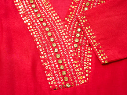 Red Kurta with Gold Embroidery & Jacquard Palazzo Pants