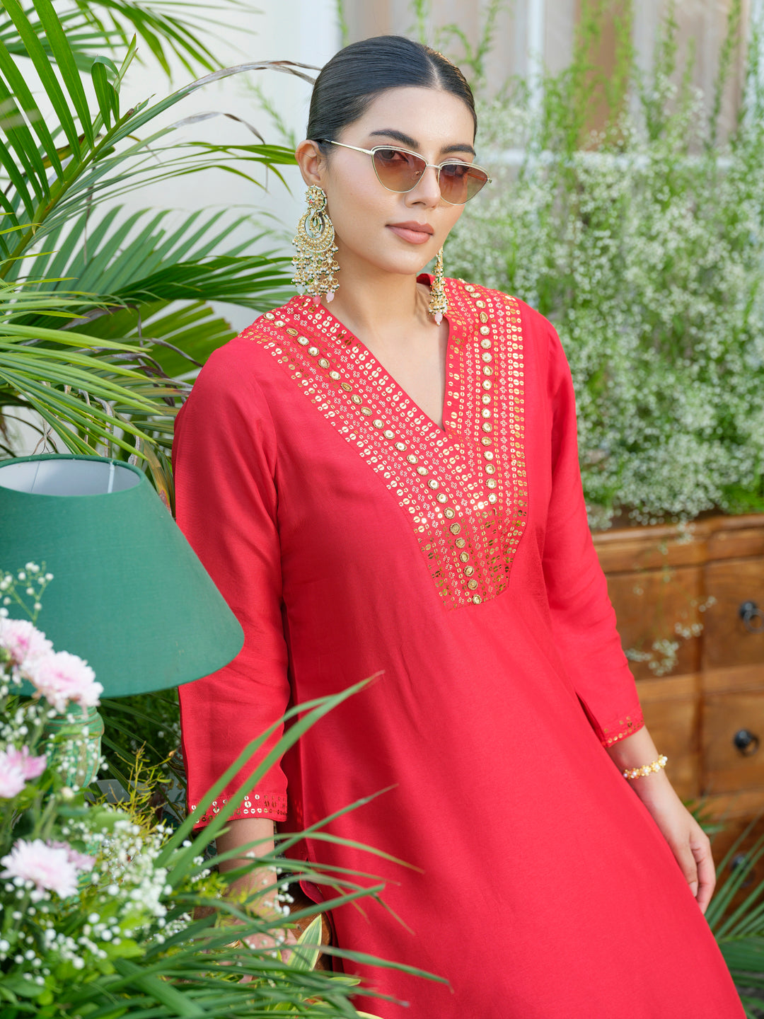 Red Kurta with Gold Embroidery & Jacquard Palazzo Pants