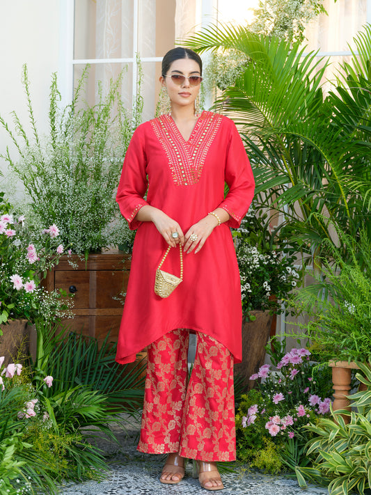 Red Kurta with Gold Embroidery & Jacquard Palazzo Pants