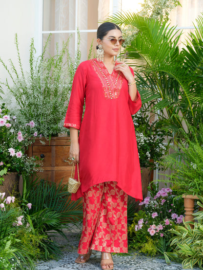 Red Kurta with Gold Embroidery & Jacquard Palazzo Pants