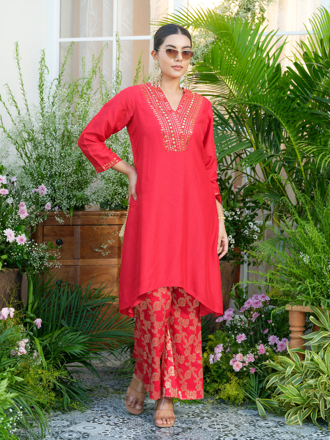 Red Kurta with Gold Embroidery & Jacquard Palazzo Pants