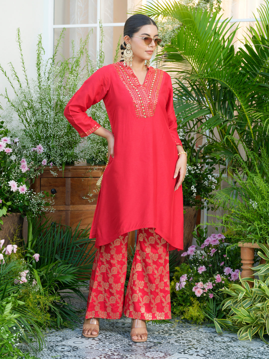 Red Kurta with Gold Embroidery & Jacquard Palazzo Pants
